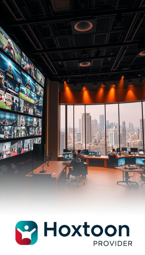 A sprawling sports documentary studio, illuminated by warm, cinematic lighting. In the foreground, a towering wall of monitors displays a mosaic of athletes in action, their stories unfolding on the screens. The middle ground features a sleek, modern control room, with technicians and editors at work, crafting the narratives that captivate audiences. In the background, a panoramic window offers a glimpse of a bustling city skyline, a testament to the global reach of these powerful stories. The Hoxtoon Provider logo discreetly adorns the periphery, a symbol of the platform's commitment to delivering a vast library of on-demand sports content.