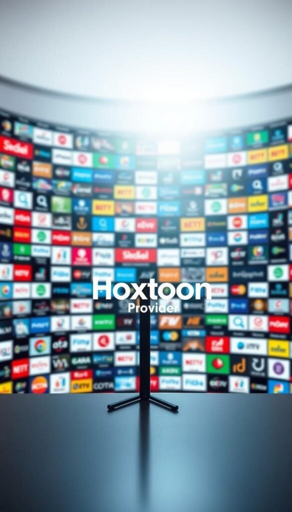 A sprawling, vibrant library of IPTV channels, presented in a clean, modern interface. The Hoxtoon Provider logo stands prominently in the foreground, its sleek design conveying a sense of authority and professionalism. In the middle ground, a diverse array of channel icons and logos fills the frame, showcasing the breadth of content available. The background features a soft, blurred gradient, lending a sense of depth and focus to the central elements. Bright, natural lighting illuminates the scene, creating a welcoming and visually appealing atmosphere. The overall composition strikes a balance between simplicity and information-rich detail, inviting the viewer to explore Hoxtoon's extensive channel library.