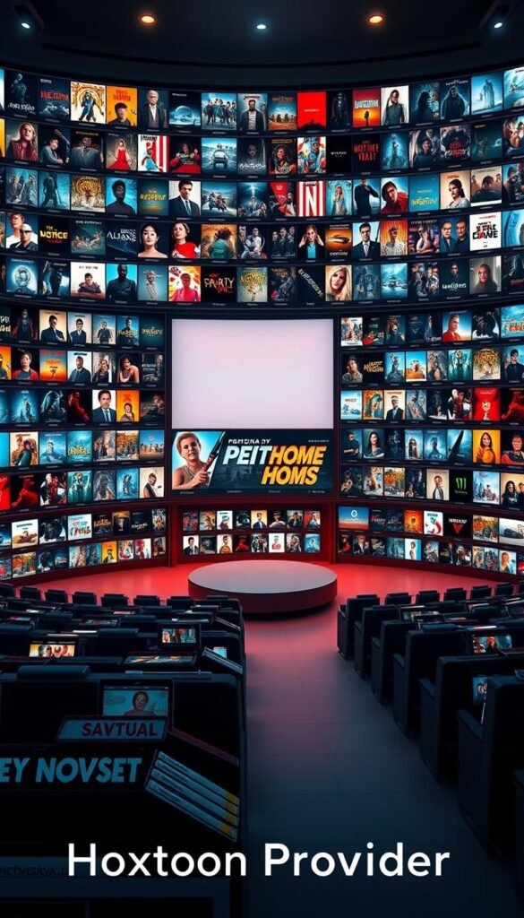 A sprawling virtual entertainment hub, the Hoxtoon Provider VOD library unfolds across a sleek, modern interface. In the foreground, rows of movie and TV show thumbnails beckon, their vibrant imagery and diverse genres hinting at the vast trove of content within. The middle ground features a central carousel showcasing the latest additions and featured titles, drawing the eye with a sense of cinematic grandeur. In the background, a soft, ethereal lighting bathes the scene, creating a warm and inviting atmosphere that evokes the comforts of home entertainment. Subtle text elements discreetly identify the "Hoxtoon Provider" brand, blending seamlessly into the overall design. The overall impression is one of an extensive, carefully curated collection, ready to transport viewers to endless realms of captivating storytelling.