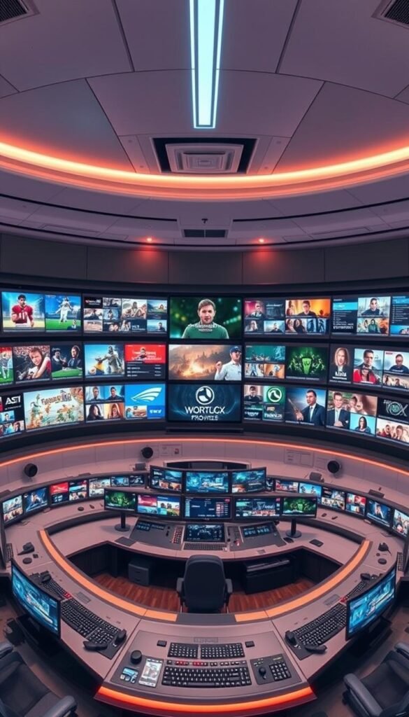 A sprawling visual panorama of a cutting-edge IPTV service, featuring Hoxtoon Provider's expansive 21,000+ channel library. The scene depicts a state-of-the-art control room, with multiple screens displaying a diverse array of live content - from sports and news to movies and entertainment. Sleek, futuristic interfaces and intuitive navigation controls suggest a seamless, user-friendly experience. Subtle lighting accents highlight the technological sophistication, while a sense of energy and dynamism pervades the atmosphere. The overall impression is one of unparalleled content depth and effortless accessibility, reflecting the service's positioning as the ultimate destination for premium IPTV.