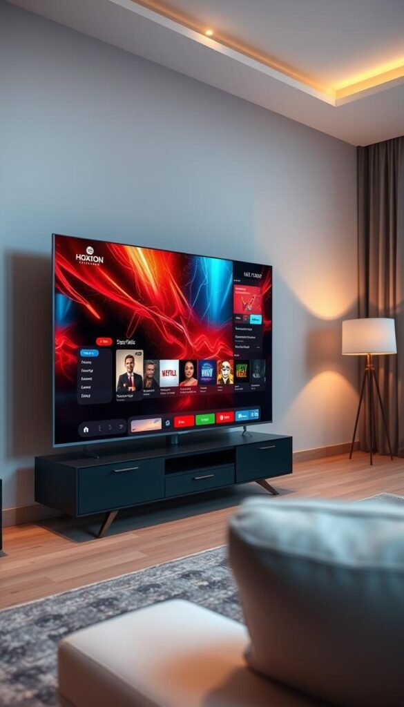 A state-of-the-art 4K TV displaying a crisp, high-definition stream from the Hoxtoon Provider network. The screen is showcased in a sleek, modern living room setting, with subtle ambient lighting casting a warm glow. The image focuses on the vibrant, realistic visuals with a shallow depth of field, emphasizing the exceptional quality of the streaming performance. The overall mood is one of immersion and entertainment, inviting the viewer to imagine the seamless experience of streaming premium content.