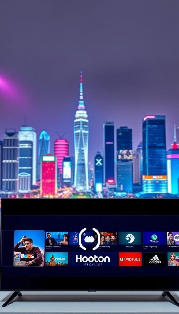A state-of-the-art streaming service interface, featuring the Hoxtoon Provider brand prominently displayed. The foreground showcases a sleek, minimalist design with a large central display showcasing a diverse array of high-definition live channels, ranging from news and sports to entertainment and beyond. The middle ground features a clean, intuitive navigation menu with smooth transitions and responsive controls. In the background, a vibrant cityscape with towering skyscrapers and a vibrant, neon-lit nightscape sets the scene, suggesting the global reach and comprehensive content library of the Hoxtoon Provider platform. Soft, diffused lighting and a hint of lens flare create a polished, high-tech atmosphere, captivating the viewer and inviting them to explore the endless possibilities of this state-of-the-art streaming experience.