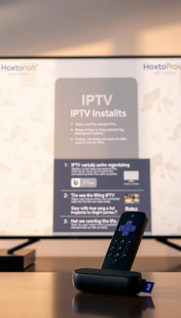 A step-by-step guide for installing IPTV on a Roku TV, showcased against a soft, muted backdrop. In the foreground, a Roku streaming device stands prominently, its sleek design and intuitive interface capturing the user's attention. The middle ground depicts a detailed walkthrough of the IPTV installation process, with clear, concise instructions and relevant icons. In the background, a subtle pattern of networking diagrams and digital illustrations evokes the technical aspects of the setup. The lighting is warm and inviting, creating a sense of clarity and ease for the user. The overall composition conveys a harmonious blend of technology and user-friendliness, perfectly suited for the "Hoxtoon Provider" IPTV service.