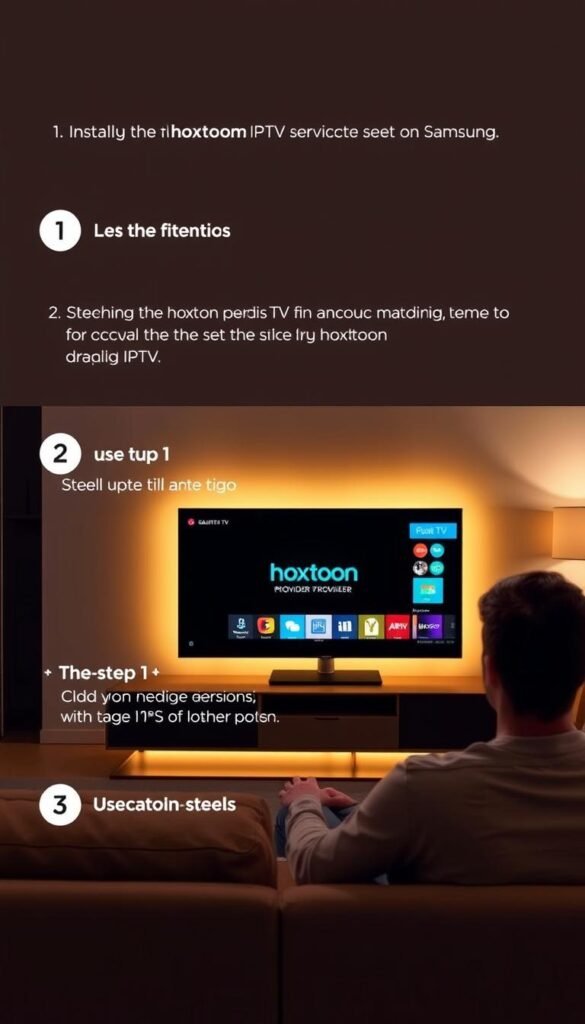 A step-by-step tutorial of installing the Hoxtoon Provider IPTV service on a sleek, modern Samsung Smart TV. The user is seated comfortably on a couch, intently focused on the TV screen as they navigate the on-screen menus. The TV displays a prominent Hoxtoon Provider logo and interface, illuminated by warm, indirect lighting that creates a cozy, inviting atmosphere. The background features a minimalist, contemporary living room design with neutral tones and clean lines. The overall scene conveys a sense of ease and simplicity in setting up the Hoxtoon IPTV service on the Samsung TV.