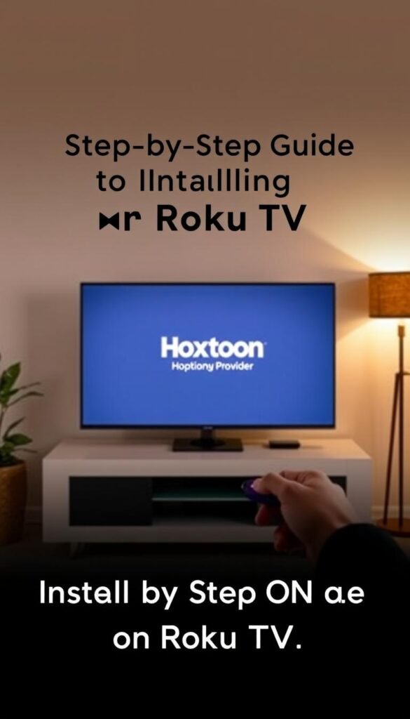 A step-by-step tutorial on installing the Hoxtoon Provider IPTV app on a Roku TV. The scene depicts a well-lit living room with a modern Roku TV on a sleek media console. In the foreground, a person's hands are navigating the Roku interface, while the Hoxtoon Provider logo is prominently displayed on the TV screen. The background showcases a cozy, minimalist atmosphere with warm lighting and hints of greenery, conveying a sense of simplicity and ease of use. The overall mood is informative and visually engaging, capturing the essence of the "Step-by-Step Guide to Installing HOXTOON on Roku TV" section.