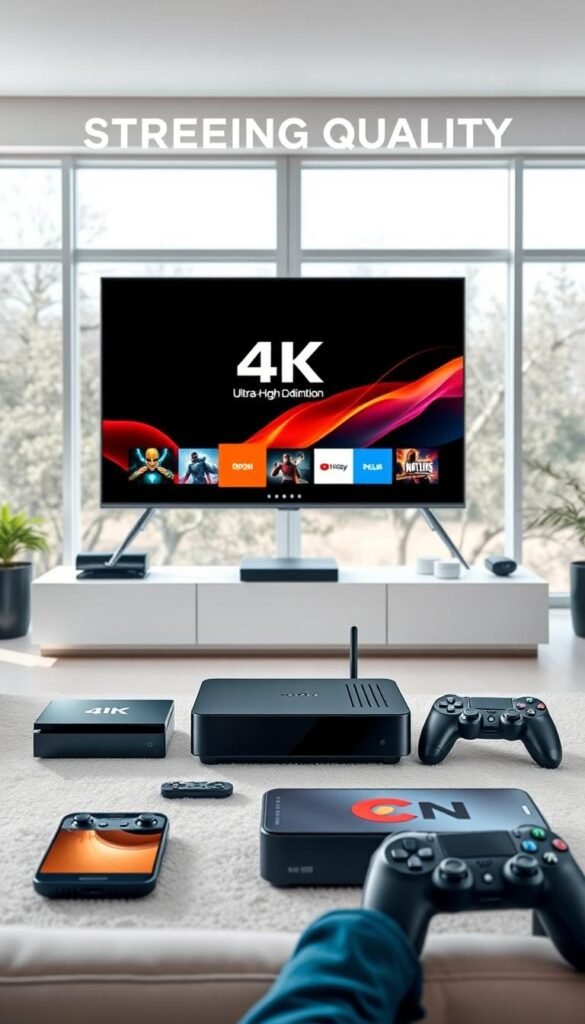 A streaming quality image showcasing the Hoxtoon Provider service. In the foreground, a 4K ultra-high definition video playing on a large, modern smart TV with a sleek, minimalist design. The screen displays vibrant, lifelike colors and sharp, detailed visuals. In the middle ground, an array of various streaming devices, including a state-of-the-art Hoxtoon set-top box, a high-end gaming console, and a powerful smartphone, all seamlessly connected and delivering a consistent, immersive viewing experience. The background features a modern, well-lit living room setting with large windows, allowing natural light to fill the space and create a warm, inviting atmosphere. The overall scene conveys a sense of cutting-edge technology, unparalleled entertainment, and the ultimate in streaming quality and versatility provided by the Hoxtoon Provider service.