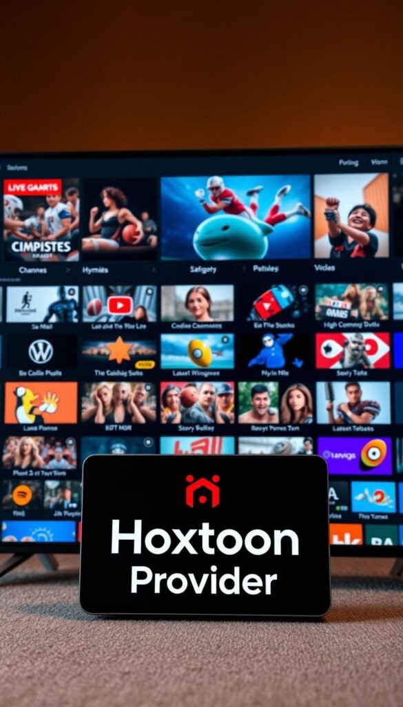 A striking and comprehensive image of the Hoxtoon Provider IPTV content library. Set in a sleek, modern interface, the display showcases a vast array of high-quality channels and on-demand content, organized into intuitive categories. Vibrant icons and clean typography create a visually appealing and user-friendly experience. The foreground features the Hoxtoon Provider logo prominently, while the middle ground highlights the diverse content options, from live sports to the latest movie releases. The background subtly blends warm, muted tones, evoking a sense of professionalism and authority. Subtle lighting and depth of field ensure the image has a polished, high-resolution appearance suitable for use in a digital publication.