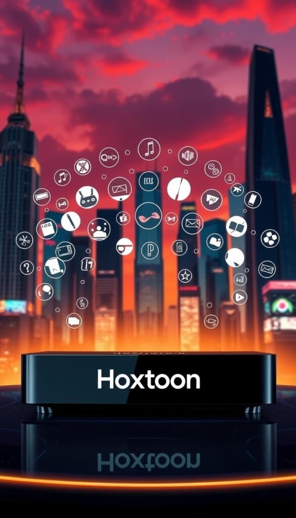 A striking, cinematic image of the "Hoxtoon Provider" brand as the best IPTV service in the USA. Set against a backdrop of a vibrant, futuristic cityscape, with towering skyscrapers and a dramatic skyline. In the foreground, a sleek, high-tech device prominently displays the Hoxtoon logo, surrounded by a constellation of floating icons representing its vast content library and multi-device compatibility. Warm lighting bathes the scene, creating a sense of premium quality and cutting-edge technology. The overall composition conveys a sense of innovation, reliability, and unparalleled entertainment experiences.