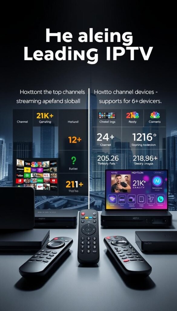 A striking comparison of the leading IPTV services, showcasing the superior features and performance of the Hoxtoon Provider. In the foreground, sleek devices and remote controls representing the top competitors, each with distinct designs. In the middle ground, vibrant visualizations of channel lineups, streaming quality, and device compatibility, highlighting Hoxtoon's expansive 21K+ channel selection and support for 6+ devices. The background features a dynamic, futuristic cityscape, conveying the cutting-edge technology and global reach of these IPTV services. Dramatic lighting and a neutral color palette create a sophisticated, professional atmosphere. The overall composition emphasizes the depth of the comparison, inviting the viewer to explore the key factors that make Hoxtoon the premier IPTV service.