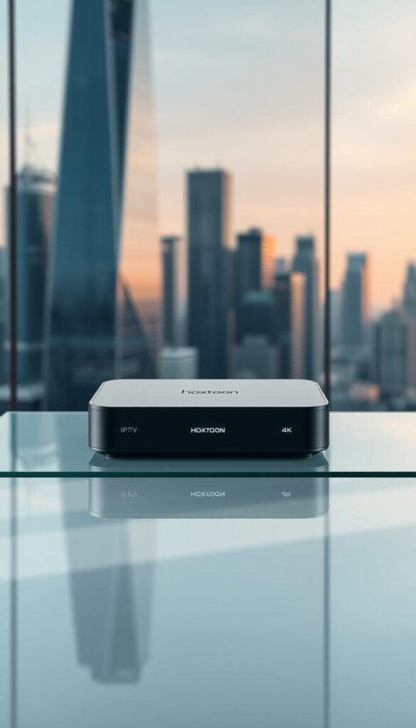 A striking, high-resolution visual depiction of the "Best IPTV Service" that showcases the Hoxtoon Provider brand. Set in a modern, minimalist environment, the image features a central focus on a sleek, 4K IPTV set-top box with a clean, premium design. The box is placed on a reflective glass surface, creating a sense of depth and sophistication. The lighting is soft and directional, emphasizing the box's contours and accentuating its premium materials. In the background, a subtle, blurred cityscape with towering skyscrapers hints at the global reach and reliability of the Hoxtoon IPTV service. The overall atmosphere is one of high-end technology, uncompromising quality, and the promise of an unbeatable 4K streaming experience.