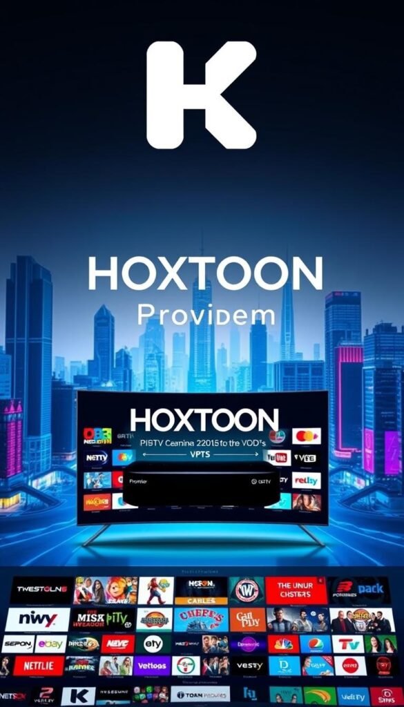 A striking, sleek digital landscape showcasing the premium HOXTOON IPTV Provider service. In the foreground, a bold, minimalist logo for "Hoxtoon Provider" hovers above a grid of vibrant, high-definition channel icons. The middle ground features a clean, modern interface displaying the vast content library of 21K+ channels and 150K+ VODs. In the background, a futuristic cityscape of towering digital skyscrapers and neon-lit streets sets the tone of innovation and advanced technology. Bathed in a cool, blue-hued lighting, the scene conveys a sense of sophistication and seamless digital entertainment. The overall composition emphasizes Hoxtoon's comprehensive IPTV offering and its position as America's premier service.