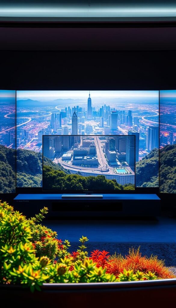 A stunning 4K landscape showcasing the power of Hoxtoon Provider's premium IPTV service. In the foreground, a vibrant and detailed display showcases the rich, high-definition visuals of a nature scene, with crisp textures and vibrant colors. The middle ground features a sleek, modern entertainment system, casting a warm glow and highlighting the advanced streaming capabilities. In the background, a panoramic view of a futuristic cityscape shimmers with the clarity of 4K resolution, creating a sense of immersion and technological innovation. The scene is illuminated by natural, directional lighting, casting dramatic shadows and highlighting the depth and dimensionality of the image. An atmosphere of premium quality, high performance, and cutting-edge technology permeates the entire composition.