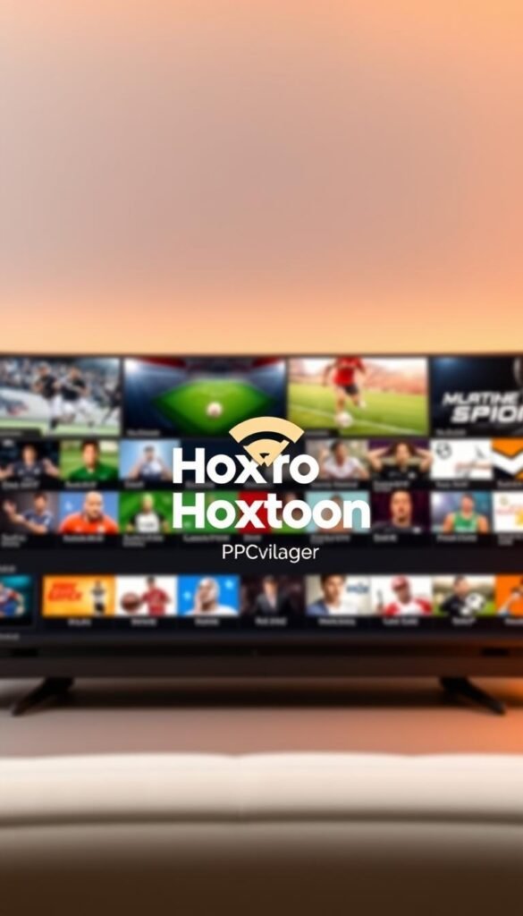 A stunning IPTV sports package spread across a sleek, modern interface. In the foreground, the prominent "Hoxtoon Provider" logo commands attention, radiating a sense of premium quality and reliability. The middle ground showcases a vibrant grid of various sports channels, each with clear, high-definition thumbnails. The background features a muted, gradient-driven design, creating a sophisticated and immersive visual experience. Warm, balanced lighting casts a soft glow, while a shallow depth of field draws the viewer's focus to the key elements. The overall composition exudes a sense of professionalism, excitement, and the promise of an unparalleled sports viewing experience.