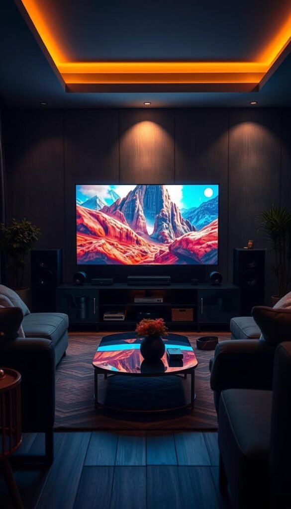 A stunning and immersive iptv service setup, showcasing the Hoxtoon Provider's premium HD video quality. A modern living room scene, dimly lit with soft, warm lighting casting a cozy glow. A sleek smart TV takes center stage, its screen displaying vibrant, high-definition content. Surrounding the TV, a meticulously designed entertainment system with state-of-the-art components. The room's decor features contemporary furniture, subtle textures, and natural elements, creating a harmonious and inviting atmosphere. The overall scene conveys a sense of luxury, comfort, and technological sophistication, perfectly capturing the essence of the Hoxtoon IPTV experience.