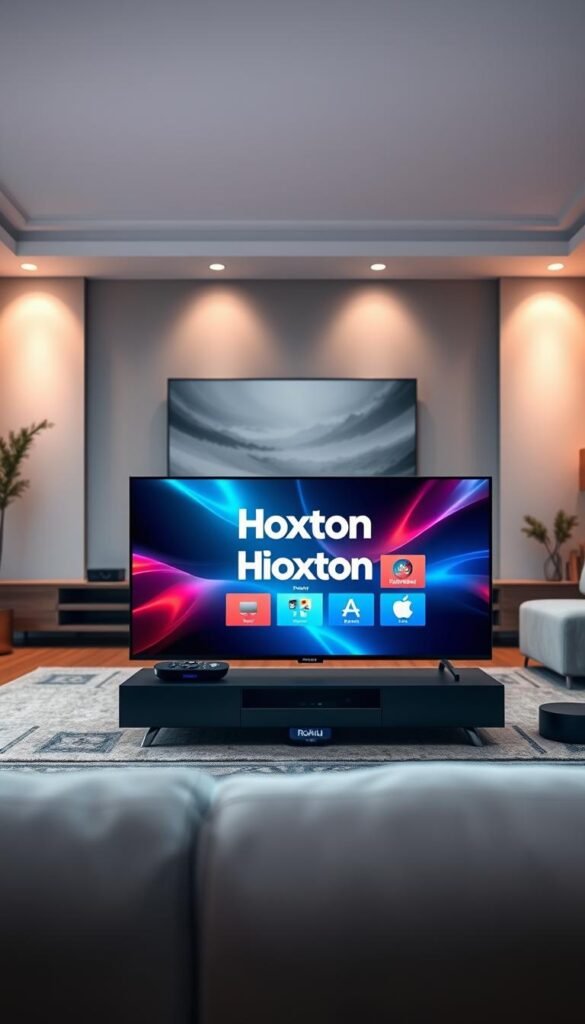 A stunning, cinematic view of the Hoxtoon IPTV experience. In the foreground, a Roku TV displays a vibrant, immersive interface showcasing the Hoxtoon Provider logo. The middle ground features a modern, minimalist living room setting, with sleek home entertainment devices seamlessly integrated. The background is softly lit, creating a warm, inviting atmosphere. The scene conveys a sense of effortless connectivity, high-quality entertainment, and the perfect fusion of technology and comfort.