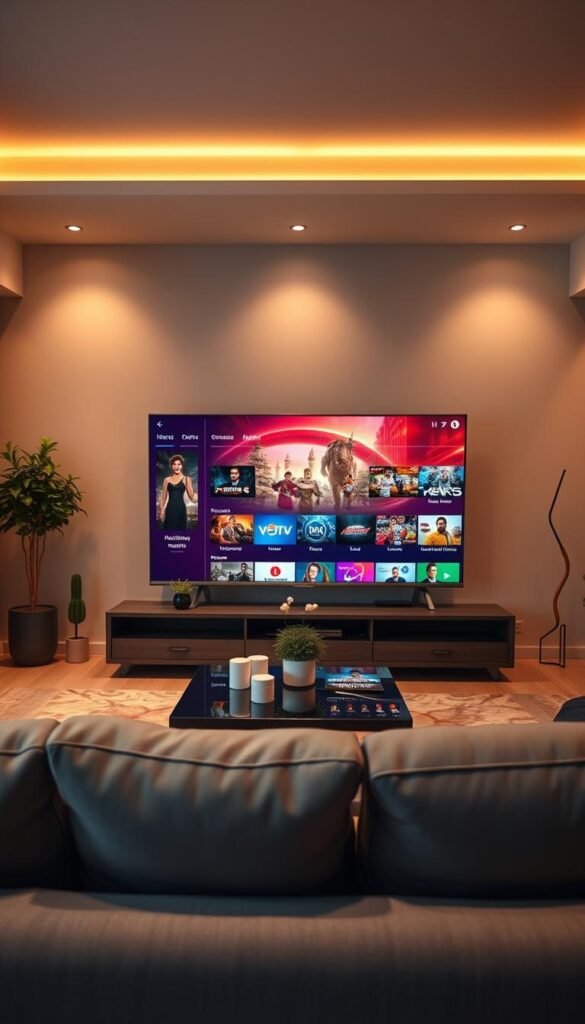 A stunning high-resolution image of a modern living room with a large, sleek television displaying the "Hoxtoon Provider" IPTV platform. The room is bathed in warm, ambient lighting, creating a cozy and inviting atmosphere. In the foreground, a comfortable couch and coffee table set the scene, while the television takes center stage, showcasing a diverse array of entertainment options. The middle ground features a few potted plants and modern decor, adding depth and a touch of nature to the space. The background is softly blurred, emphasizing the focus on the television and the immersive IPTV experience. The overall composition conveys a sense of modern, high-quality home entertainment, reflecting the evolution of television entertainment.