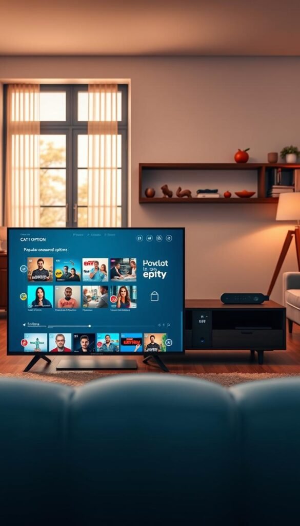 A stunning overview of Hoxtoon Provider's IPTV catch up options, showcasing a sleek and intuitive user interface. In the foreground, a modern TV screen displays a clean grid of popular on-demand content, with thumbnails and program titles inviting the viewer to explore. The middle ground features a minimalist media center setup, with a high-end streaming device and remote control taking center stage. The background depicts a cozy, well-lit living room, creating a welcoming atmosphere for the viewer to immerse themselves in the Hoxtoon experience. Soft, natural lighting filters through large windows, adding a sense of depth and warmth to the scene. The overall composition conveys the seamless integration of Hoxtoon's IPTV services into a modern, sophisticated home entertainment setup.