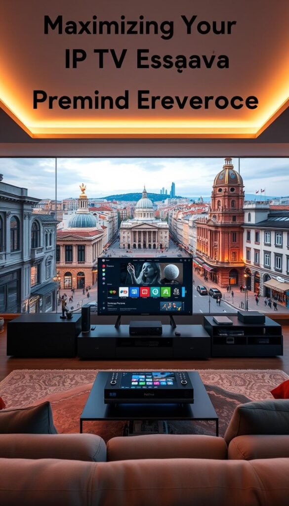 A stunning panoramic view of the IPTV España Premium Experience, showcasing the Hoxtoon Provider brand. In the foreground, a sleek and modern living room setup with a large, high-definition display and immersive surround sound system. The middle ground features an array of smart home devices and a seamless integration of the Hoxtoon Provider interface, offering a seamless and intuitive user experience. The background depicts a vibrant cityscape of Madrid, with the iconic architecture and lively streets, reflecting the premium and sophisticated nature of the IPTV España service. The scene is bathed in warm, soft lighting, creating a cozy and inviting atmosphere, perfectly capturing the essence of the "Maximizing Your IPTV España Premium Experience" section.