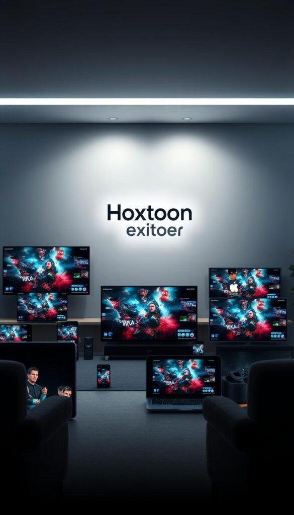 A stunning visual representation of multi-device streaming with the Hoxtoon Provider IPTV service. In the foreground, an array of modern electronic devices including smartphones, tablets, and smart TVs, all seamlessly connected and streaming vivid, high-definition content. The middle ground showcases the Hoxtoon Provider logo, prominently displayed, radiating a sense of technological prowess and reliability. The background is a sleek, minimalist setting, with clean lines and muted tones, creating a sophisticated and immersive atmosphere. Soft, directional lighting illuminates the scene, casting subtle shadows and highlights that enhance the depth and dimensionality of the image. The overall composition conveys the effortless integration of Hoxtoon Provider's IPTV service across a diverse range of devices, catering to the evolving needs of modern media consumption.