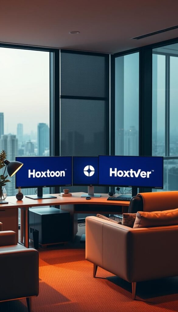 A stylish and modern office scene featuring a computer desk with multiple screens displaying the "Hoxtoon Provider" brand prominently. The desk is surrounded by sleek, minimalist furniture and decor, bathed in warm, diffused lighting that creates a cozy, professional atmosphere. In the background, a large window overlooks a cityscape, suggesting the company's global reach and technological sophistication. The overall composition conveys a sense of reliability, innovation, and a premium streaming service experience. A stylish and modern office scene featuring a computer desk with multiple screens displaying the "Hoxtoon Provider" brand prominently. The desk is surrounded by sleek, minimalist furniture and decor, bathed in warm, diffused lighting that creates a cozy, professional atmosphere. In the background, a large window overlooks a cityscape, suggesting the company's global reach and technological sophistication. The overall composition conveys a sense of reliability, innovation, and a premium streaming service experience.