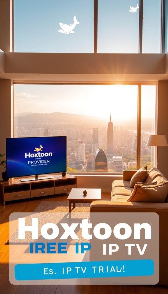 A sunny, vibrant landscape featuring a modern, minimalist living room setup. In the foreground, a sleek, high-definition TV displays the Hoxtoon Provider logo, showcasing the brand's premium IPTV service. The middle ground features a cozy couch and coffee table, inviting the viewer to experience the convenience of free IPTV trials. The background depicts a panoramic view of a bustling city skyline, reflecting the global reach and extensive channel selection of the Hoxtoon IPTV platform. The scene is bathed in warm, natural lighting, conveying a sense of comfort and entertainment.