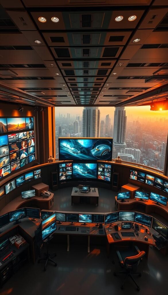 A sweeping aerial view of a vast, state-of-the-art media hub, bathed in warm, cinematic lighting. In the foreground, an array of high-definition television screens displays a diverse selection of captivating content, ranging from live news and sports to breathtaking nature documentaries and thrilling action movies. The middle ground features a sleek, minimalist control room, where technicians monitor and manage the seamless delivery of over 21,000 channels from the Hoxtoon Provider platform. In the background, a stunning cityscape with towering skyscrapers and a vibrant, futuristic atmosphere sets the stage for this unparalleled entertainment experience.