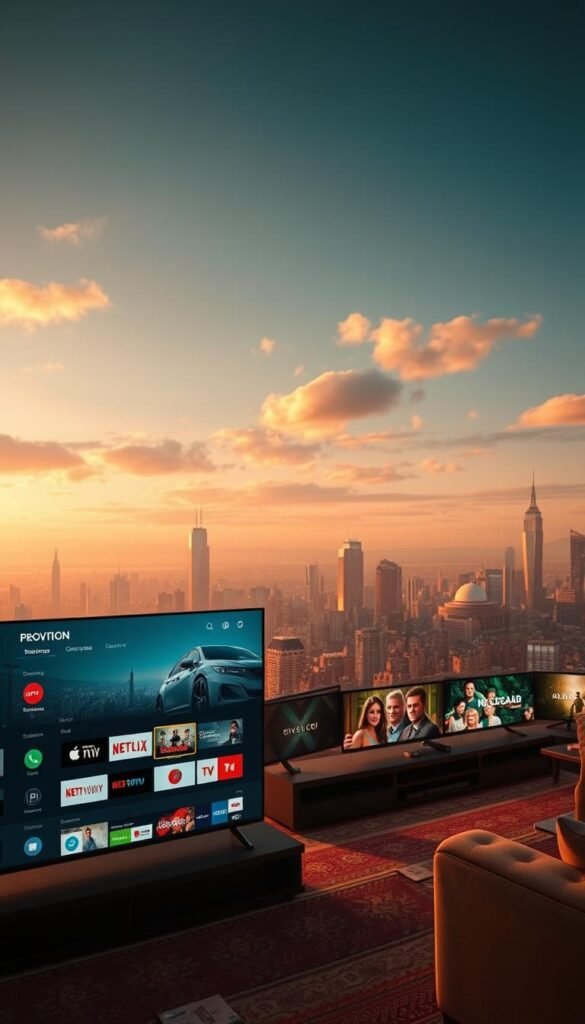 A sweeping panoramic view of the evolution of television streaming, captured through a cinematic lens. In the foreground, a sleek Hoxtoon Provider interface showcases the seamless integration of live TV, on-demand content, and personalized recommendations. The middle ground features a tapestry of iconic streaming platforms, each with their distinct visual identities, transitioning through time. The background subtly depicts the technological advancements that have shaped the industry, from the early days of dial-up internet to the current era of high-speed broadband and cloud-based services. The scene is bathed in a warm, nostalgic glow, evoking a sense of progress and the ever-evolving nature of television entertainment.