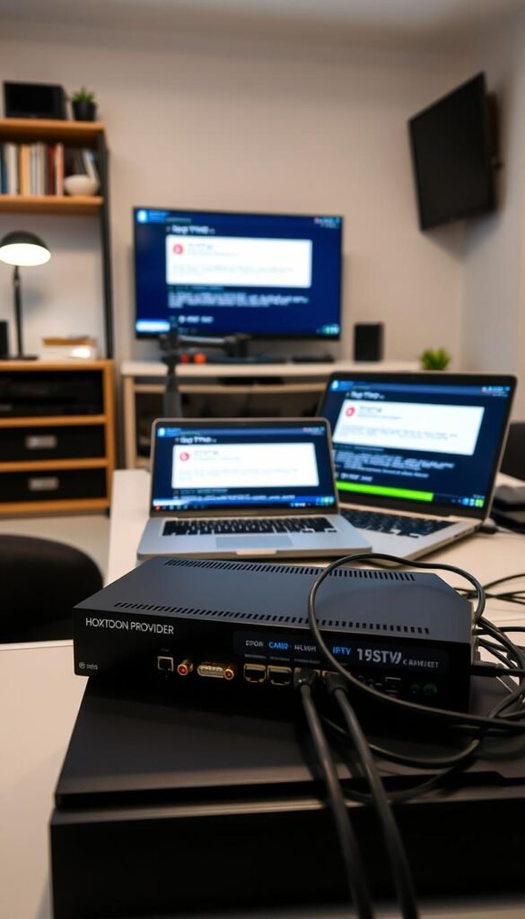 A technical troubleshooting scene set in a modern home office. In the foreground, a Hoxtoon Provider IPTV set-top box is displayed prominently, with various cables and connectors visible. The middle ground features a desk with a laptop open, showcasing diagnostic screens and error messages. In the background, a bookshelf and wall-mounted TV hint at the broader home entertainment setup. Soft, even lighting illuminates the scene, creating a sense of focus and clarity. The overall mood is one of investigation and problem-solving, with a touch of frustration, as the user seeks to resolve the IPTV issue.