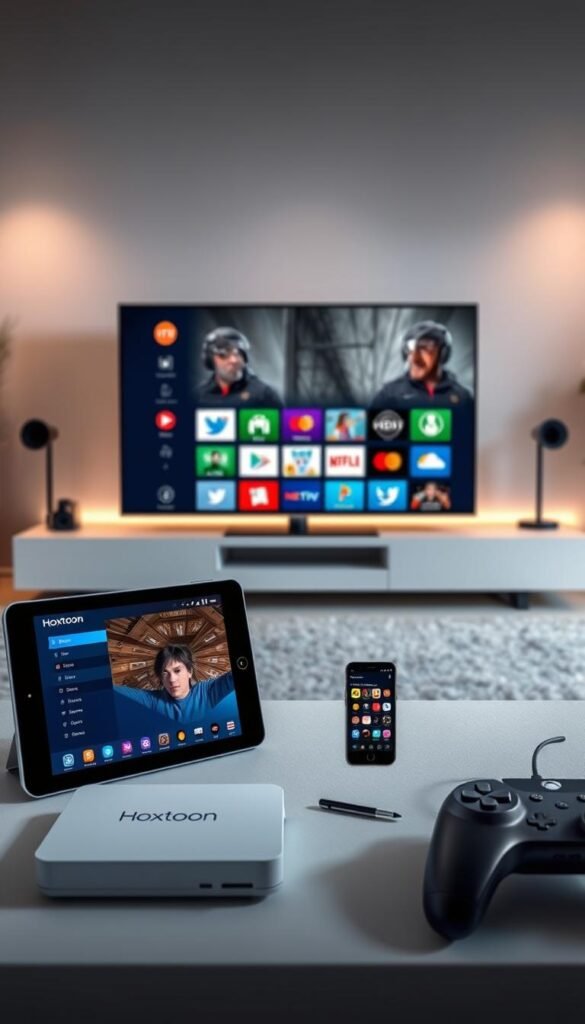 A technologically-advanced home entertainment setup with the Hoxtoon Provider IPTV service displayed across various modern devices. In the foreground, a sleek smart TV, tablet, and smartphone show the Hoxtoon interface and channel selection. In the middle ground, a compact media streamer and gaming console integrate the Hoxtoon IPTV service seamlessly. The background features a minimalist, futuristic home environment with subtle ambient lighting, highlighting the advanced, user-friendly nature of the Hoxtoon IPTV solution. The overall composition conveys a sense of technological innovation, convenience, and entertainment at the user's fingertips.
