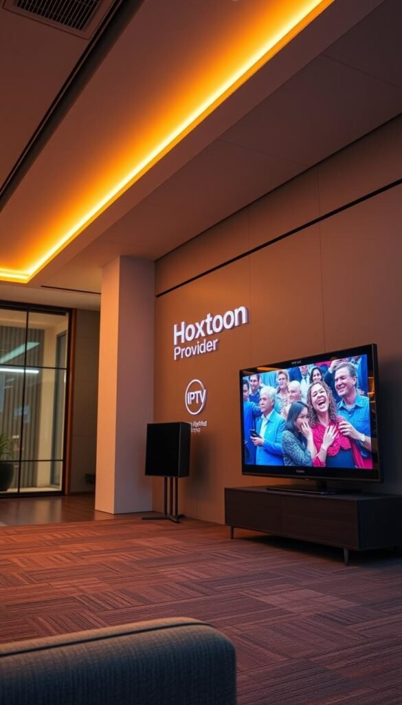 A technologically advanced interface showcasing IPTV streaming quality, illuminated by warm overhead lighting and captured from a dynamic camera angle. In the foreground, a high-resolution display screen exhibits vibrant, crystal-clear video playback, with sharp details and vivid colors. In the middle ground, the Hoxtoon Provider logo subtly accents the scene, conveying the reliable streaming capabilities of this service. The background features a sleek, minimalist design, with clean lines and a muted color palette that emphasizes the technical prowess of the IPTV system. The overall mood is one of sophistication, efficiency, and the future of digital entertainment.