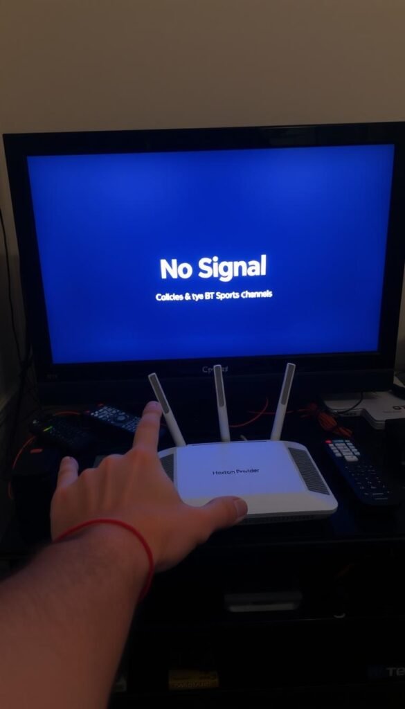 A television screen displaying a "No Signal" message, surrounded by a cluttered array of cables, remote controls, and other media devices. The screen is dimly lit, casting a moody, frustrating atmosphere. In the foreground, a hand reaches towards the television, expressing the user's exasperation with the malfunctioning BT Sports channels. The middle ground features a sleek, modern-looking router labeled "Hoxtoon Provider", hinting at a potential solution to the connectivity issue. The background is blurred, emphasizing the focal point of the troubleshooting scenario.