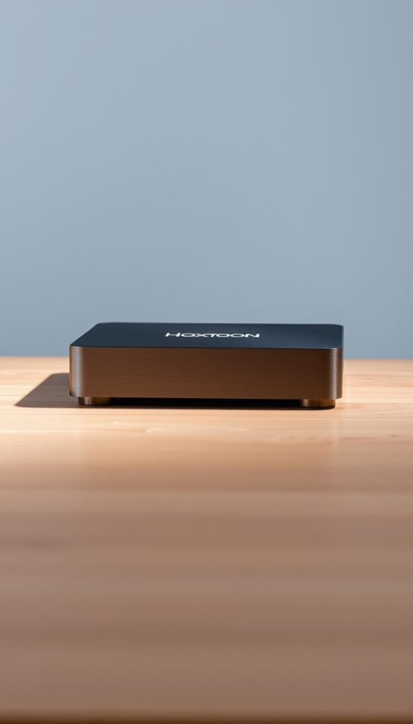 A top-of-the-line IPTV box with a sleek, modern design sits prominently on a minimalist wooden table. The box's brushed metal finish and clean lines convey a sense of premium quality. Soft, directional lighting illuminates the device, creating subtle shadows that accentuate its form. In the background, a neutral, slightly blurred backdrop suggests a high-end, professional setting, placing the focus entirely on the Hoxtoon Provider IPTV box and its lifetime subscription offering.