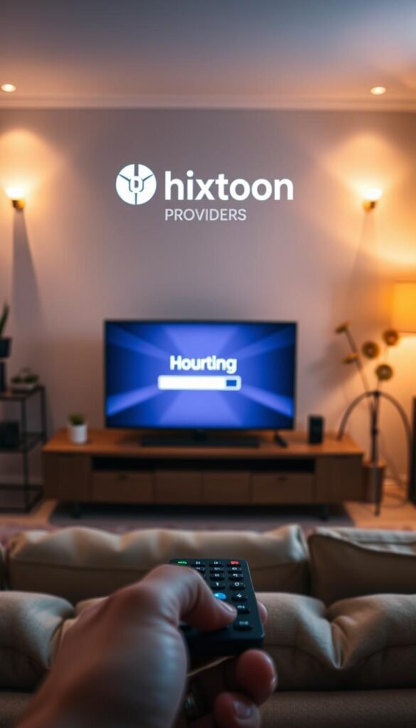 A tranquil scene of a living room with a comfortable sofa and a large flat-screen TV. The room is illuminated by warm, soft lighting, creating a cozy atmosphere. In the foreground, a hand holds a remote control, symbolizing the user's interaction with the IPTV service. The TV screen displays a buffering icon, indicating an interruption in the video playback. In the background, the Hoxtoon Provider logo is prominently displayed, signifying the solution to the buffering issue. The scene conveys the frustration of IPTV buffering and the promise of a reliable, buffer-free streaming experience with the Hoxtoon Provider. A tranquil scene of a living room with a comfortable sofa and a large flat-screen TV. The room is illuminated by warm, soft lighting, creating a cozy atmosphere. In the foreground, a hand holds a remote control, symbolizing the user's interaction with the IPTV service. The TV screen displays a buffering icon, indicating an interruption in the video playback. In the background, the Hoxtoon Provider logo is prominently displayed, signifying the solution to the buffering issue. The scene conveys the frustration of IPTV buffering and the promise of a reliable, buffer-free streaming experience with the Hoxtoon Provider.