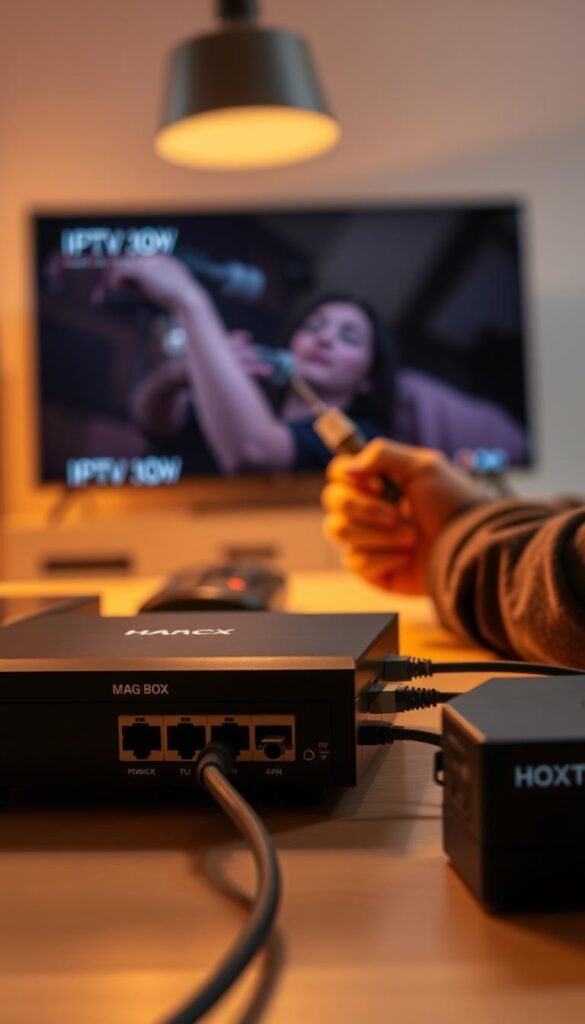 A troubleshooting scene of a Mag Box IPTV setup, featuring a person examining the device and network connections. The scene is illuminated by warm, focused lighting, creating a cozy, problem-solving atmosphere. In the foreground, the Mag Box and an Hoxtoon Provider network device are prominently displayed, with cables and connectors visible. The middle ground shows the person's hands and tools as they investigate the setup. The background blurs into a neutral, clean environment, allowing the focus to remain on the troubleshooting process. The overall mood conveys a sense of concentration and determination to resolve the IPTV issue.