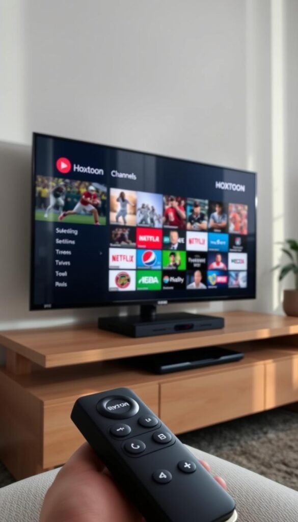 A user-friendly Firestick interface with a prominent display of sports channels from the Hoxtoon Provider. The screen shows a clean, intuitive layout with large, vibrant channel icons neatly organized. Soft, natural lighting illuminates the scene, creating a welcoming and inviting atmosphere. The camera angle is slightly elevated, allowing the viewer to take in the full scope of the interface. The overall impression is one of a seamless, high-quality user experience that caters to sports enthusiasts.
