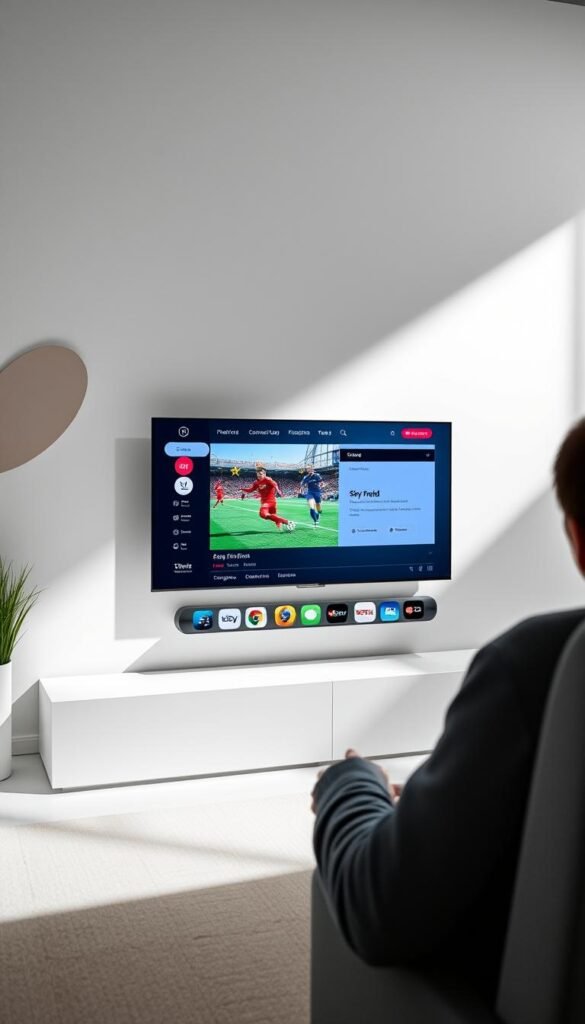A user-friendly interface with a sleek, modern design showcasing the Hoxtoon Provider streaming service for Sky Sports. The screen displays a clear, high-quality video feed with intuitive navigation menus and icons arranged in a visually appealing layout. The background features subtle gradients and abstract shapes, creating a clean and sophisticated atmosphere. Soft, directional lighting illuminates the scene, emphasizing the dynamic content and easy-to-use controls. The overall impression is one of a seamless, responsive, and visually captivating streaming experience.