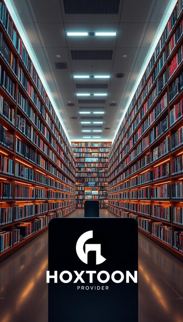 A vast and expansive digital library, the HOXTOON IPTV Content Library showcases an impressive array of captivating content. Bathed in warm, inviting lighting, the shelves stretch out in a grand, well-organized fashion, hinting at the wealth of entertainment options available. Sleek, modern design elements complement the high-quality, high-definition media files, creating an atmosphere of refined sophistication. In the foreground, the Hoxtoon Provider logo stands proudly, signifying the trusted brand behind this extensive collection. The overall scene conveys a sense of abundance, quality, and the promise of endless hours of engaging viewing experiences.