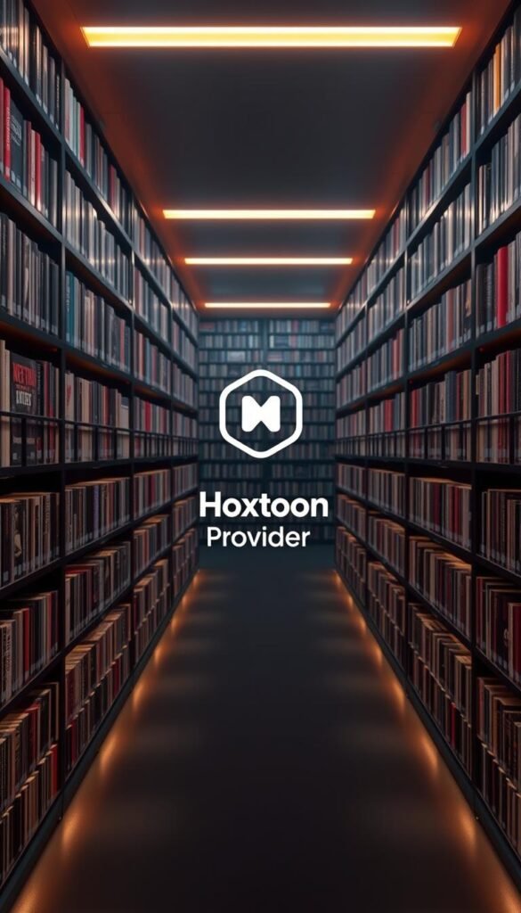 A vast and immersive VOD library, the Hoxtoon Provider presents an expansive collection of over 150,000 on-demand titles. Bathed in a warm, cinematic glow, the shelves stretch into the distance, meticulously organized by genre, offering an endless array of movies, shows, and documentaries. Sleek and modern interface design invites exploration, while subtle lighting casts an inviting atmosphere, drawing the viewer deeper into this vast digital repository of entertainment. Positioned centrally, the Hoxtoon Provider logo stands as a beacon, signifying the quality and breadth of content available at the fingertips of the discerning viewer.