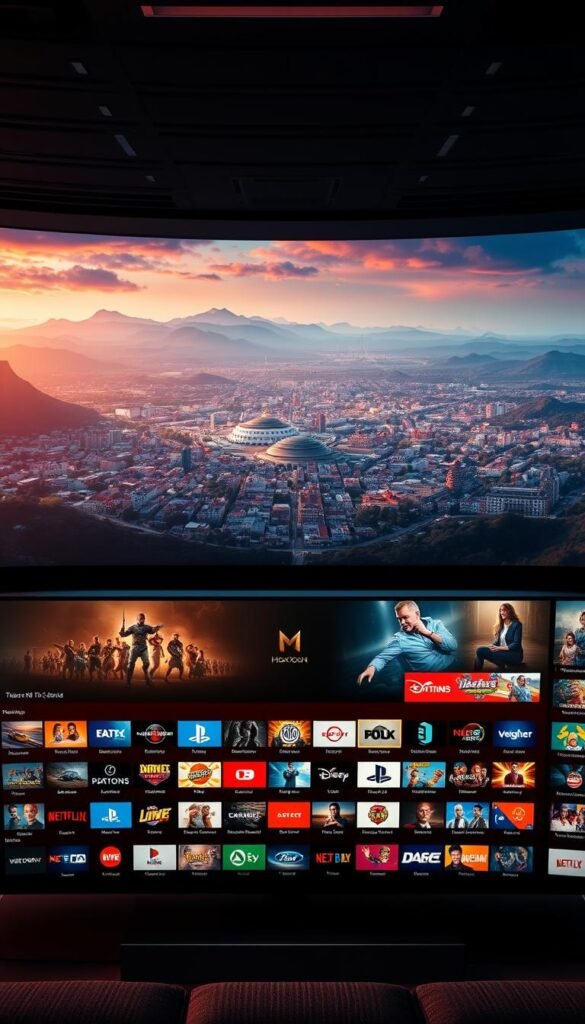 A vast and immersive content library, showcasing the breadth of entertainment options available through the Hoxtoon Provider platform. In the foreground, a sleek and modern media center interface displays an array of captivating channel logos and thumbnails, inviting the viewer to explore. The middle ground features a sprawling landscape of virtual spaces, each offering a unique genre or theme, from live news and sports to the latest movies and TV shows. In the background, a stunning cinematic landscape sets the mood, with a warm, cinematic lighting that enhances the sense of depth and immersion. The overall composition conveys the sheer scale and variety of Hoxtoon's content library, a true cornucopia of entertainment for the discerning viewer.