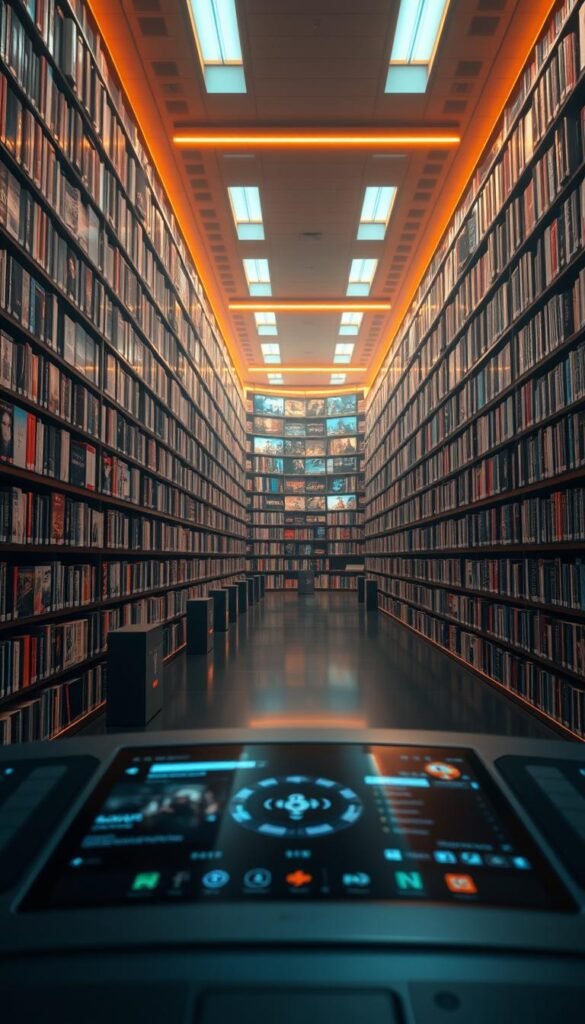 A vast and immersive entertainment hub, the Hoxtoon Provider content library showcases a mesmerizing array of over 150,000 video-on-demand titles and 21,000+ live channels. Bathed in warm, cinematic lighting, the library's shelves stretch into the distance, each meticulously curated section brimming with captivating films, series, and documentaries from around the world. In the foreground, a sleek, futuristic interface invites exploration, its intuitive design mirroring the breadth and depth of the collection. Subtle lens flare and depth of field create a sense of depth and grandeur, drawing the viewer deeper into this expansive digital sanctuary of entertainment.