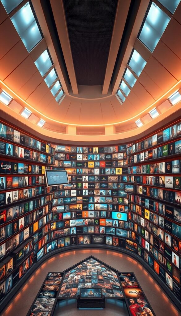 A vast and immersive virtual entertainment hub, the Hoxtoon Provider VOD Library showcases a stunning array of over 150,000 on-demand titles. Against a backdrop of sleek, futuristic architecture, a mosaic of high-definition movie posters, TV show thumbnails, and eye-catching graphics fills the frame, creating a visually captivating experience. Warm, diffused lighting casts a subtle glow, while the camera angles dynamically shift to highlight the depth and breadth of the content available. The overall atmosphere exudes a sense of infinite possibilities, inviting the viewer to explore and discover the boundless entertainment within the Hoxtoon Provider ecosystem.