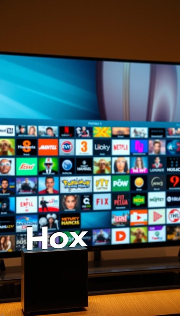 A vast and meticulously curated selection of over 21,000 IPTV channels displayed on a sleek, modern interface. The Hoxtoon Provider logo stands prominently in the foreground, conveying the brand's authority and expertise. In the middle ground, a grid-like layout showcases an array of channel icons, each one a tantalizing window into a world of diverse content. The background is softly blurred, allowing the central UI to take center stage, bathed in a warm, inviting glow that suggests the effortless discovery and enjoyment of endless entertainment options.