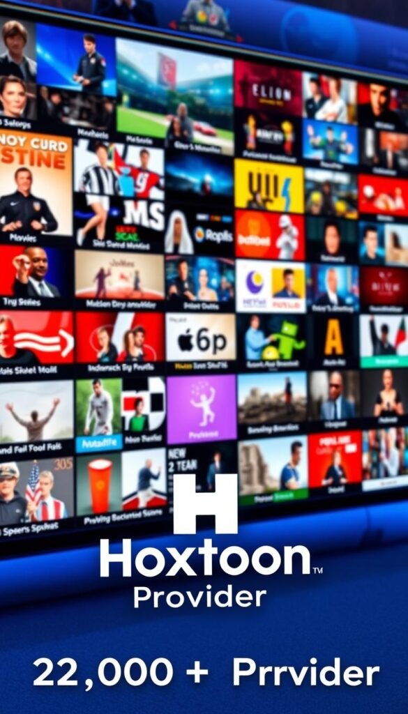 A vast array of IPTV channels displayed on a sleek, modern digital interface. The screen is dominated by a grid of vibrant, high-definition thumbnails showcasing a diverse selection of entertainment options, from news and sports to movies and documentaries. In the foreground, the Hoxtoon Provider logo stands out prominently, indicating the breadth of content available through this premium IPTV service. The overall scene is bathed in a cool, blue-tinted lighting, creating a sense of technological sophistication and a visually captivating presentation of the 21,000+ channels at the user's fingertips.