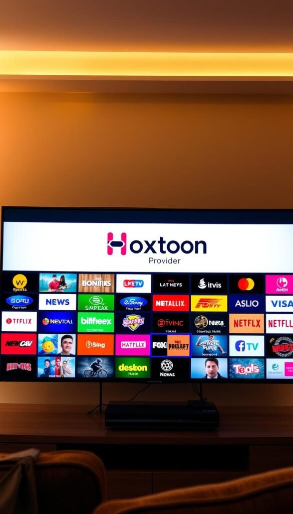 A vast array of IPTV channels displayed on a sleek, modern television interface. The screen is filled with colorful and vibrant channel logos, each one representing a diverse range of content - from live news and sports to the latest movies and TV shows. The Hoxtoon Provider logo is prominently featured, indicating the reliable and comprehensive service that powers this rich content library. The scene is illuminated by soft, warm lighting, creating a cozy and inviting atmosphere. The overall composition is balanced and visually appealing, drawing the viewer's attention to the sheer breadth of entertainment options available at their fingertips.