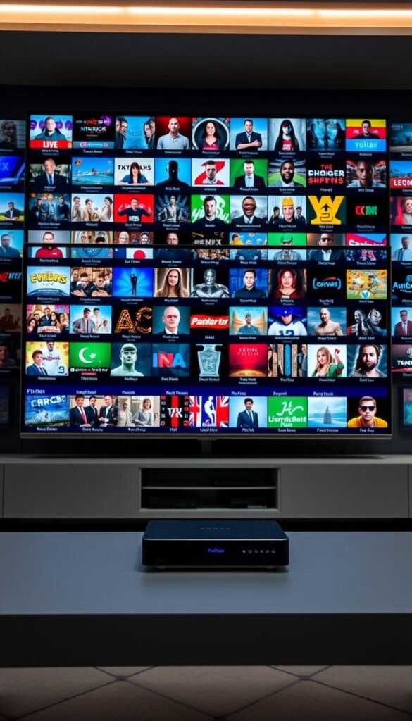 A vast array of IPTV channels fills the frame, showcasing the breadth of Hoxtoon Provider's 21,000+ content library. In the foreground, a sleek, modern television set displays a diverse selection of live programs, from news and sports to movies and documentaries. The middle ground features an elegant, minimalist media console, housing the powerful Hoxtoon streaming device. In the background, a sophisticated, tech-inspired environment with clean lines and subtle lighting creates a sense of high-end entertainment. The overall atmosphere conveys a premium, immersive viewing experience tailored to the discerning tastes of Hoxtoon Provider's subscribers.