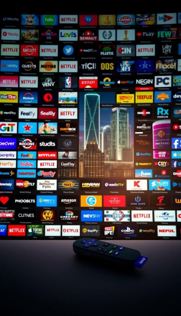 A vast array of Roku IPTV channels fills the frame, showcasing the impressive selection offered by the Hoxtoon Provider. In the foreground, a diverse collection of channel logos and icons captures the eye, hinting at the breadth of entertainment options. The middle ground features a sleek, minimalist Roku device, casting a warm glow that illuminates the channel selection. In the background, a cityscape with towering skyscrapers and neon lights creates a dynamic, urban atmosphere, reflecting the vibrant and modern nature of the Hoxtoon IPTV service. The lighting is soft and diffused, creating a sense of depth and dimensionality, while the camera angle is slightly elevated, providing a comprehensive view of the Roku IPTV ecosystem.