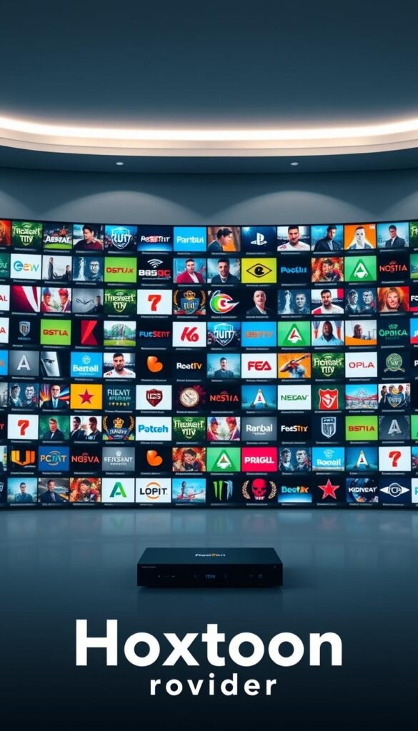 A vast array of high-definition IPTV channels, with the Hoxtoon Provider logo prominently displayed in the foreground. The channels are arranged in a dynamic grid, each with a distinct thumbnail and title, showcasing the breadth of content available. The background is a sleek, modern studio setting, with soft lighting and a minimalist aesthetic, creating a premium and professional atmosphere. The image captures the essence of Hoxtoon's impressive channel lineup, highlighting the depth and quality of the service.