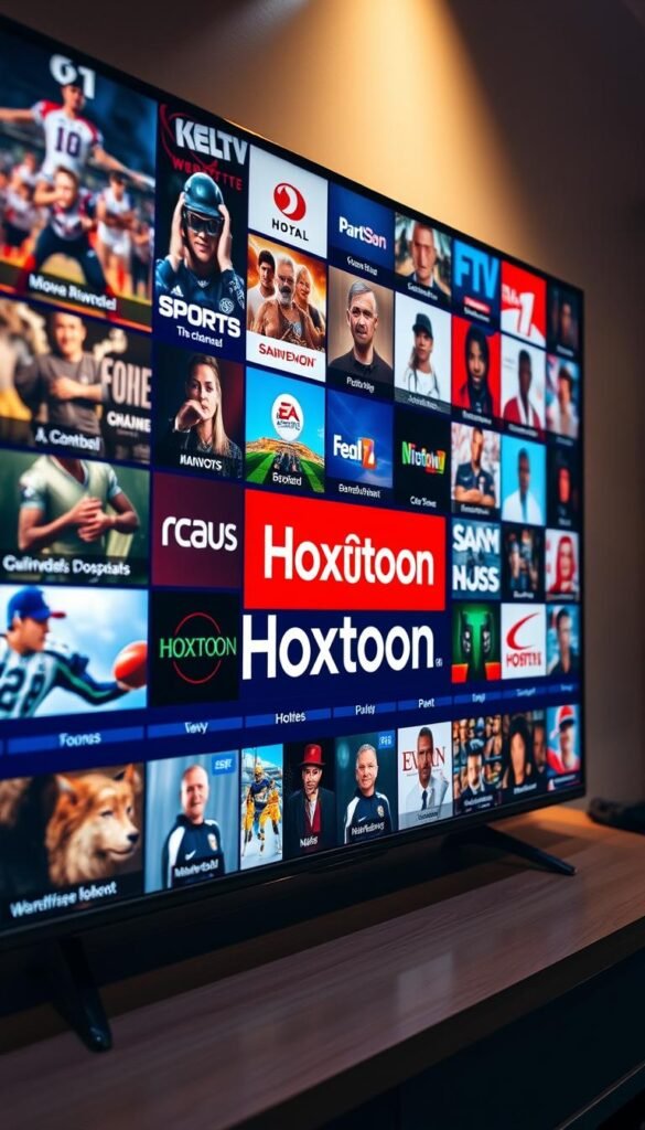 A vast array of premium IPTV channels displayed on a sleek, modern television screen. The screen showcases a diverse selection of high-definition content, from sports to movies, news to entertainment. The Hoxtoon Provider logo is prominently featured, highlighting the breadth and quality of their content library. The image is captured in a warm, inviting lighting, with a subtle depth of field that draws the viewer's attention to the vibrant, vibrant display. The overall composition exudes a sense of premium, high-end entertainment, reflecting the exceptional content Hoxtoon provides.