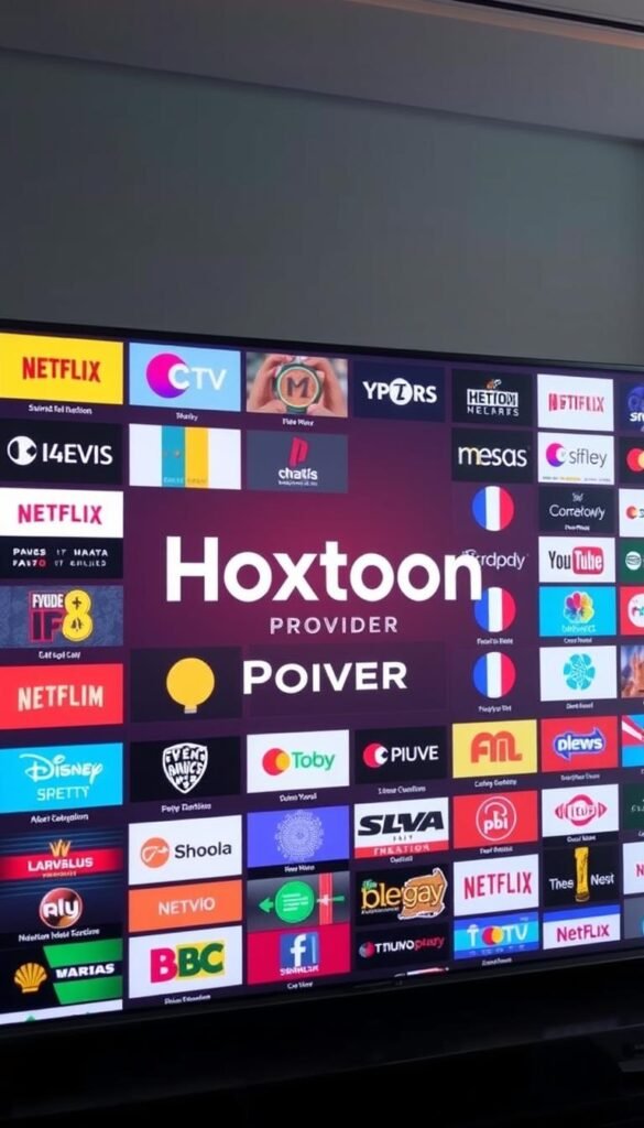 A vast array of vibrant IPTV channels displayed on a sleek, modern interface. The Hoxtoon Provider logo prominently featured, conveying a sense of authority and reliability. Detailed icons and channel logos fill the frame, creating a visually striking and informative composition. Soft, directional lighting illuminates the scene, enhancing the crisp, high-definition quality of the channels. The overall mood is one of excitement and anticipation, inviting the viewer to explore the expansive world of IPTV entertainment at their fingertips through the Hoxtoon service.
