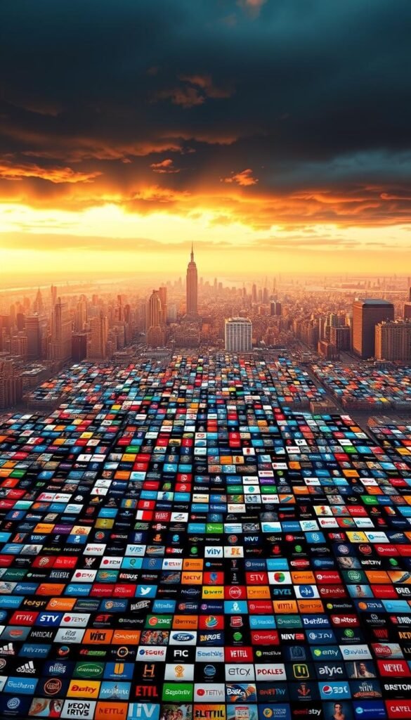 A vast, cinematic landscape showcasing the expansive content library of Hoxtoon Provider's IPTV service. In the foreground, a mosaic of vivid channel logos and icons, each representing the unparalleled diversity of over 21,000 channels. The middle ground features a panoramic view of various genre-specific content categories, from live news and sports to on-demand movies and TV shows. The background is a dramatic, hyper-realistic sky, bathed in warm, diffused lighting that creates a sense of grandeur and scale. The overall composition conveys the sheer magnitude and depth of Hoxtoon Provider's unrivaled content offering, a true testament to its position as the premier IPTV service in the USA.